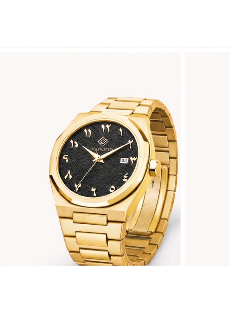 FG UNITED Mens Thin Design Gold Tone Black Dial Stainless Steel Arabic Numeric Watch 41mm - FG7005 - Image 3